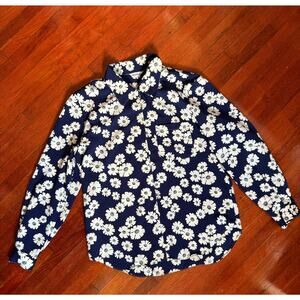 Vintage 90s Profilo Navy Blue White Floral Boho Hippie Long Sleeve Blouse Small